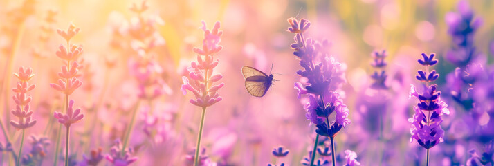 Obraz premium Lavender field with a butterfly, serene summer banner. 