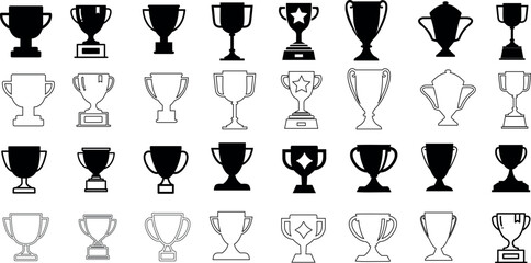 Trophy icons vector set, black cup silhouettes on white. Awards for winners, champions, leadership. Symbols of sports, business achievements. Elegant design for graphics, web
