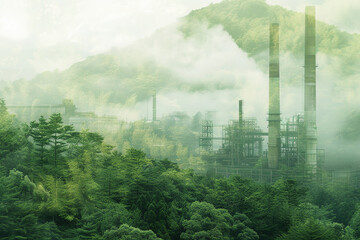 double exposure green forest and factory