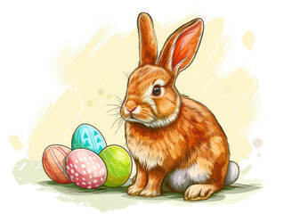 Brown Rabbit Sitting Next to Colorful Easter Eggs