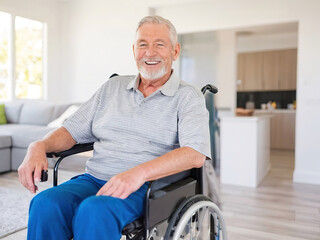elderly man sits smiling in a wheelchair inside the house.