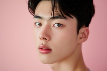 Fototapeta premium Close-up of a young Asian man with perfect skin against a pink background, exemplifying modern beauty standards.