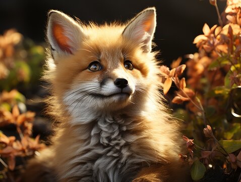 Portrait of a red fox in the autumn forest.