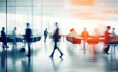 Silhouettes of business people walking in a modern glass office space