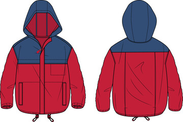 KID BOYS WEAR ANORAK JACKET WITH POCKETS AND HOOD FRONT AND BACK VECTOR ILLUSTRATION © M A A Designs