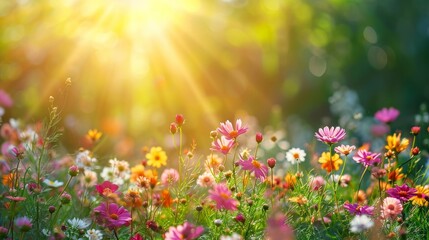 Obraz na płótnie Canvas spring natural nackground with flowers, sun burnst and copy space