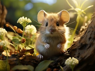 Little mouse in the autumn forest.