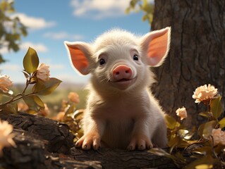 Little piglet in the grass on a background of the blue sky