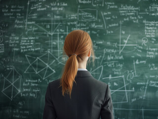 Female mathematics student solving complex equation problem on a chalkboard