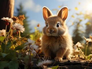 Cute little rabbit sitting in the grass on a sunny day.