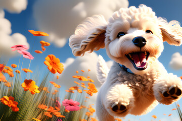 Poodle running in a flower field. Generative Ai