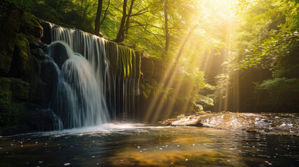 Gentle waterfall under the enchanting warm rays of the sun, displays the peaceful elegance of nature