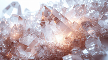a group of crystal crystals are scattered on a white surface, in the style of futuristic geometric...
