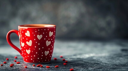 red coffee mug in white hearts on minimalist background with copy space