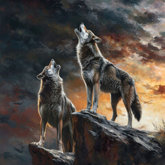 Wolves Howling on a Rocky Cliff in Dark Fantasy Style