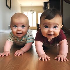 Cute two little baby boys crawling race Toddler children learning and playing to crawl on the floor home, baby smiling and happiness, playing, early development of children The are twin baby