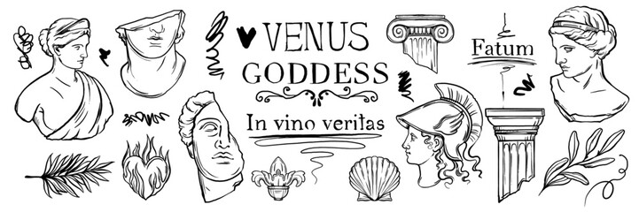 Greek sculpture y2k tattoo sketch set, vector roman goddess statue head doodle drawing ink scribble. Contemporary mythology antique sticker kit, woman face, column. Greek sculpture fashion print © Oleksandra