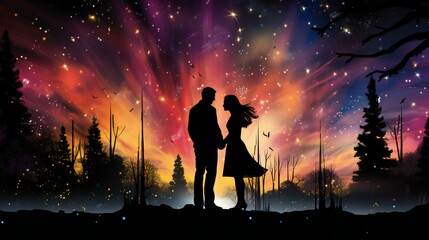 Starry Love Night: A romantic silhouette of a couple under a starry sky, capturing the magic of love and the cosmos. A dreamy and atmospheric illustration