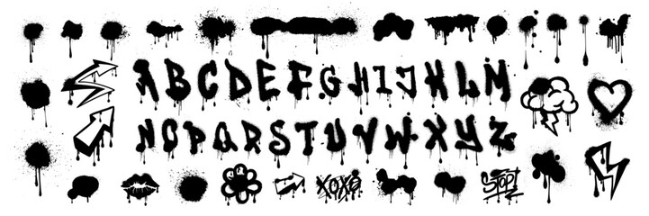 Graffiti font vector spray urban alphabet, wall hand drawn street letters, hip-hop modern style. Grunge drip print, arrow blob texture lettering splash creative poster handwriting. Black graffiti font © Oleksandra