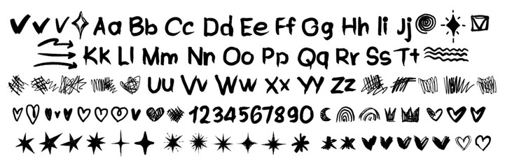 Scribble doodle paint alphabet set, children marker scratch, vector pen squiggle kit, black stroke. Kids hand drawn pencil abstract sketch, handwriting font alphabet, star, heart. Scribble doodle © Oleksandra