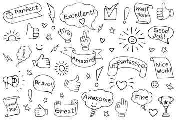 Set of hand drawn vector line doodles in sketch style. Inspirational and motivational slogans, phrases, lettering quotes. Hand gestures: V sign for victory or peace, hand showing ok, thumb up, like.