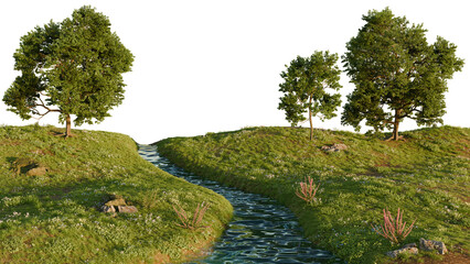 A calm river flowing in the middle of a lush green landscape with trees. 3D rendering.