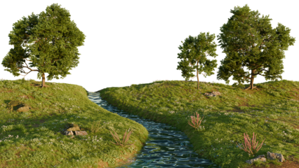 A calm river flowing in the middle of a lush green landscape with trees. 3D rendering.