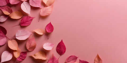 Autumn pink leaves on pink. Autumn pink background. Generative AI