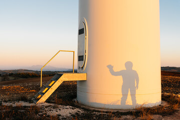 Silhouette of astronaut waving greetings with hand on turbine in countryside