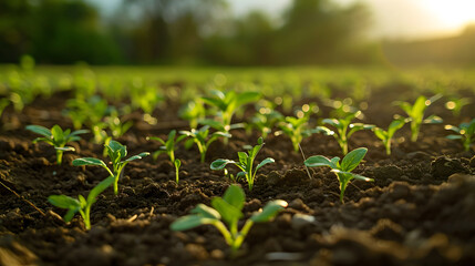 Small green seedlings grow from the ground. The concept of growth, greening, ecological balance, go green, environment.