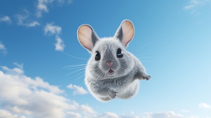 Flying cute little chinchilla character on blue sky background.