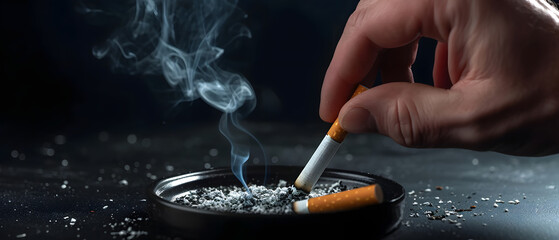 Hand stubbing smoldering cigarette over Black ceramic ashtray on the table against black background. - obrazy, fototapety, plakaty