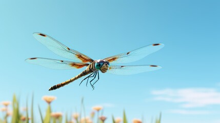 Blue dragonfly on the green grass in the meadow.