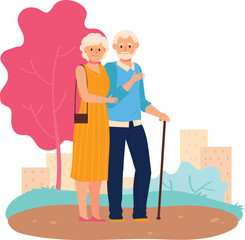 Elderly couple standing together in a park, the man with a cane and arm around woman. Senior woman and man smiling, enjoying a sunny day outside, love and affection evident.