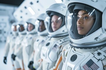 A team of astronauts, both men and women of different ethnicities, preparing for a space mission in a high-tech facility