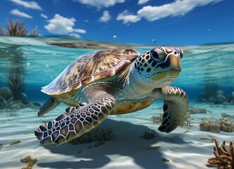 Fototapeta premium Flying cute little Turtle character on blue sky background.