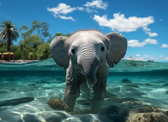 Elephant in the water on a background of palm trees and blue sky