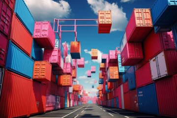 Stacked cargo containers create bustling scene in dynamic port, symbolizing vibrant industry of shipping and freight, with colossal cargo freight ship dominating background. Generative AI.