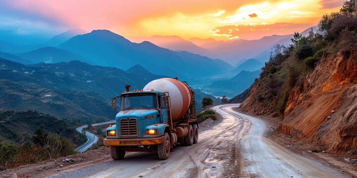 Cement truck machine at sunset