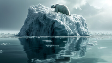 Polar bear standing  on iceberg. Melting iceberg global warming.