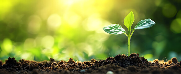 Small green seedlings grow from the ground. The concept of growth, greening, ecological balance, go green, environment.