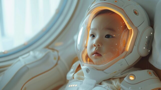Smiling baby in a white astronaut outfit indoors inside a futuristic spaceship cabin.