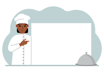 A female cook in uniform and a cap holds a large sheet of paper. Concept for menu, recipe book, blank cookbook or records.