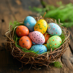 Fototapeta na wymiar A Nest of Painted Eggs on a Wooden Table