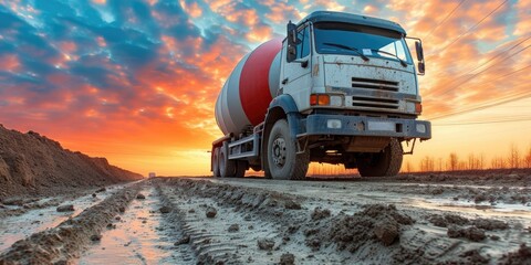 Cement truck machine at sunset - obrazy, fototapety, plakaty