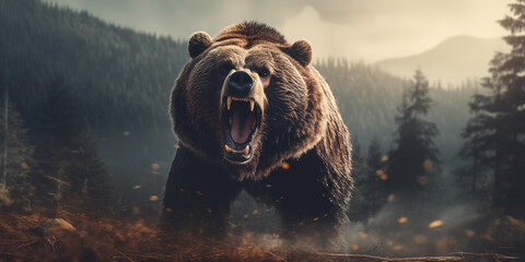 Cinematic Grizzly Bear attack banner. Aggressive Brown Bear roaring - obrazy, fototapety, plakaty