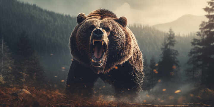 Cinematic Grizzly Bear attack banner. Aggressive Brown Bear roaring