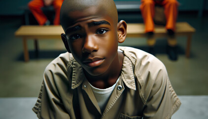 African American boy in juvenile detention center. - obrazy, fototapety, plakaty