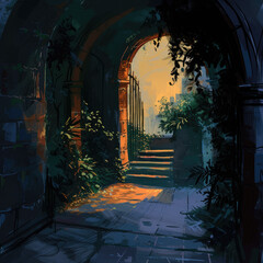 AI-Generated Sketch: Evening Archway Nestled in a Garden