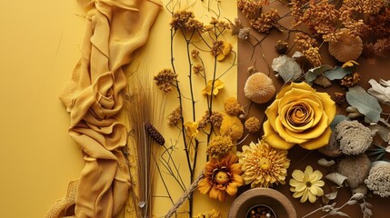 Creative flatlay of yellow shades of flowers for the artist or decorator . Warm combination of tones 